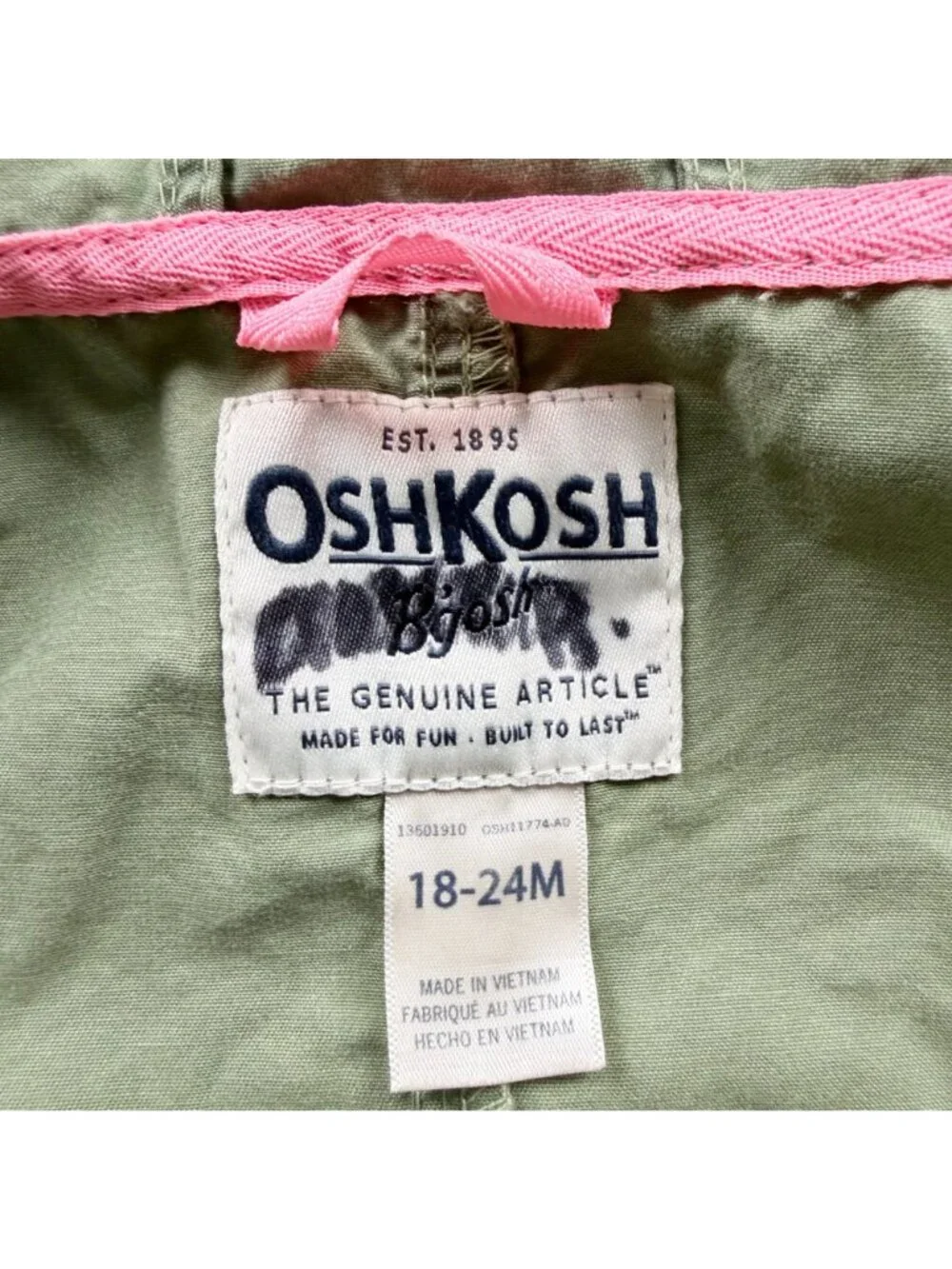 OshKosh Bgosh Green Hooded Jacket Pockets Toddler 18-24 Months